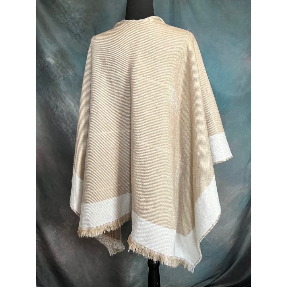 Banana Republic Tan Beige White Plaid Fringe Cape Shawl Wrap Poncho - Picture 3 of 7